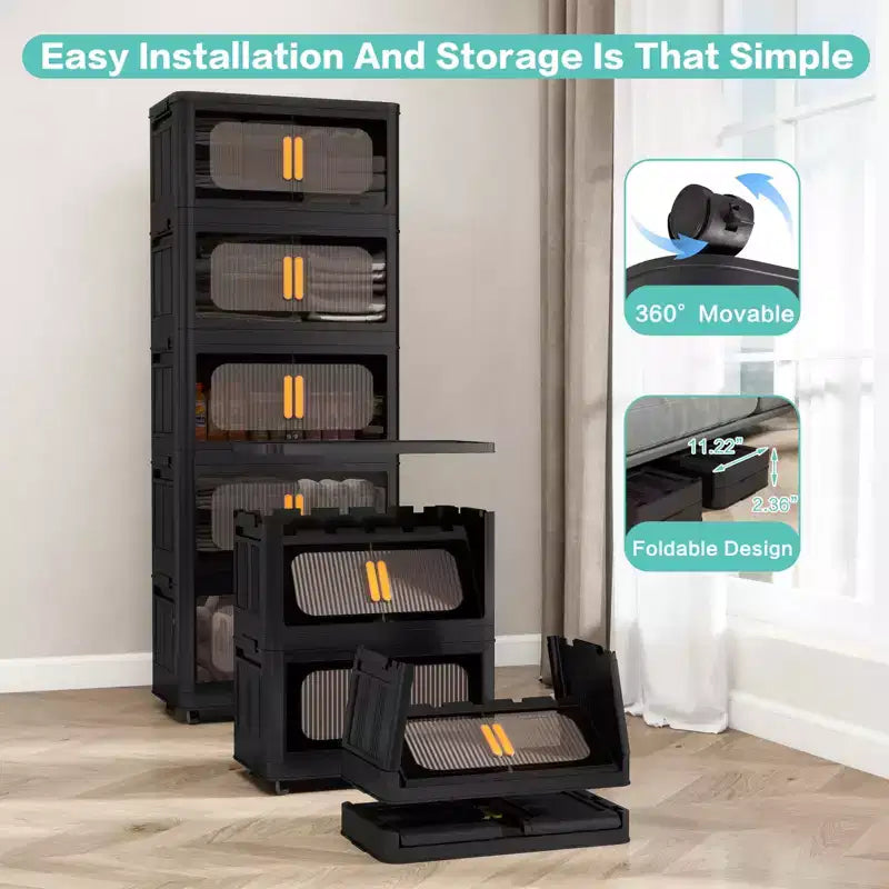 MAYEERTY Armario de almacenamiento plegable de plástico de 5 niveles con puerta magnética y ruedas, 24 lados de ancho, para sala de estar, negro