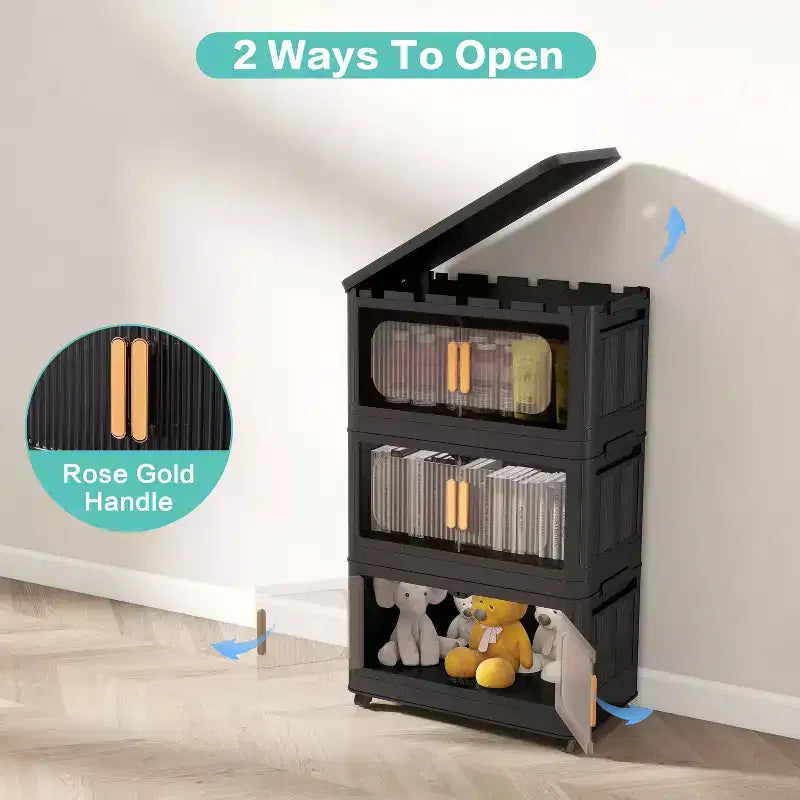 MAYEERTY Armario de almacenamiento plegable de plástico de 5 niveles con puerta magnética y ruedas, 24 lados de ancho, para sala de estar, negro