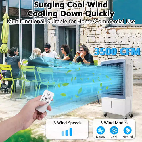 Enfriador de aire evaporativo de 3500 CFM, enfriador de pantano con control remoto y temporizador de 12 horas, 4 paquetes de hielo, 3 modos y velocidades de viento para uso en exteriores e interiores, 13.2 galones