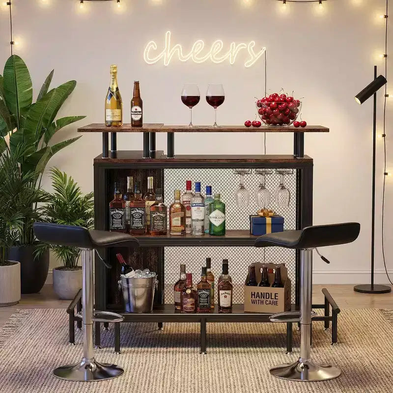 MAYEERTY Mueble esquinero en L para bar en casa, almacenamiento de licor de metal y MDF E1 con 12 soportes para copas de vino y reposapiés, protector de botellas de malla metálica