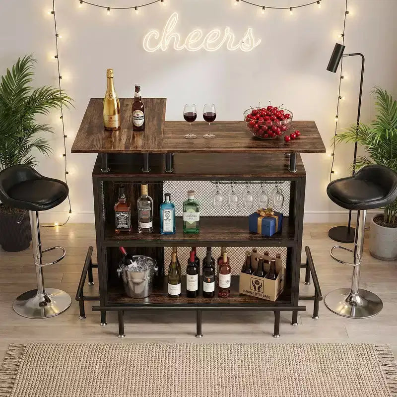 MAYEERTY Mueble esquinero en L para bar en casa, almacenamiento de licor de metal y MDF E1 con 12 soportes para copas de vino y reposapiés, protector de botellas de malla metálica
