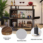 MAYEERTY Mueble esquinero en L para bar en casa, almacenamiento de licor de metal y MDF E1 con 12 soportes para copas de vino y reposapiés, protector de botellas de malla metálica