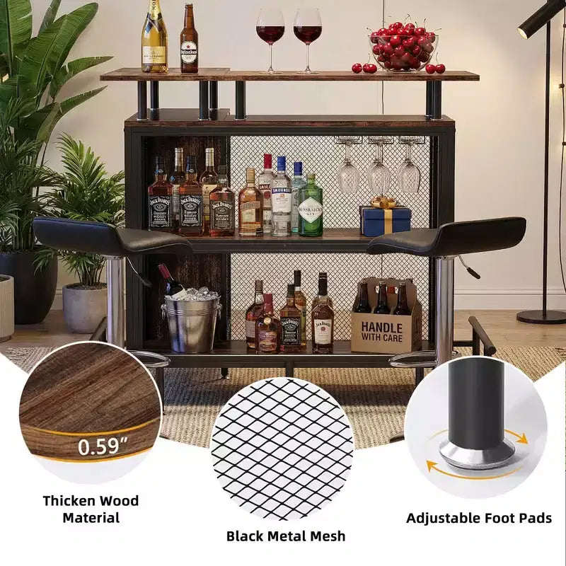 MAYEERTY Mueble esquinero en L para bar en casa, almacenamiento de licor de metal y MDF E1 con 12 soportes para copas de vino y reposapiés, protector de botellas de malla metálica