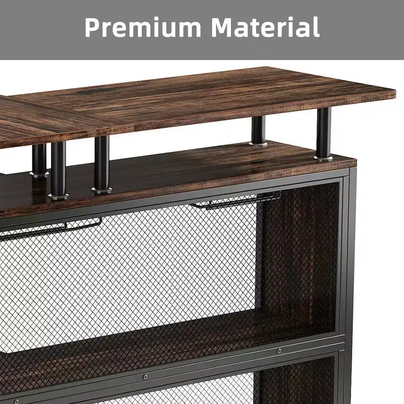 MAYEERTY Mueble esquinero en L para bar en casa, almacenamiento de licor de metal y MDF E1 con 12 soportes para copas de vino y reposapiés, protector de botellas de malla metálica