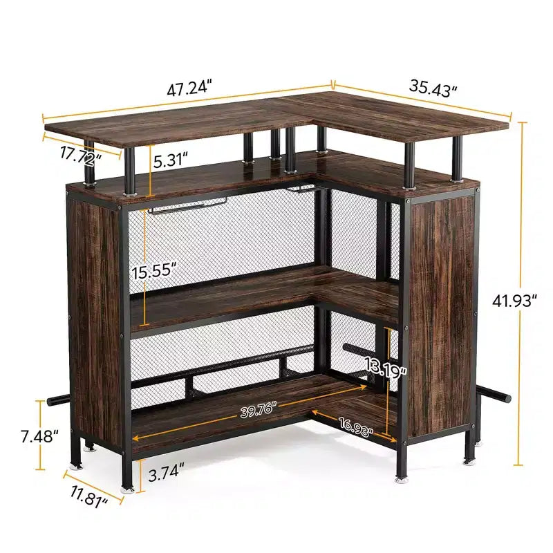 MAYEERTY Mueble esquinero en L para bar en casa, almacenamiento de licor de metal y MDF E1 con 12 soportes para copas de vino y reposapiés, protector de botellas de malla metálica