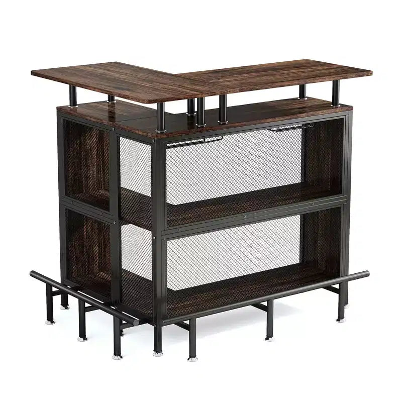 MAYEERTY Mueble esquinero en L para bar en casa, almacenamiento de licor de metal y MDF E1 con 12 soportes para copas de vino y reposapiés, protector de botellas de malla metálica