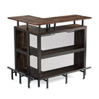 MAYEERTY Mueble esquinero en L para bar en casa, almacenamiento de licor de metal y MDF E1 con 12 soportes para copas de vino y reposapiés, protector de botellas de malla metálica
