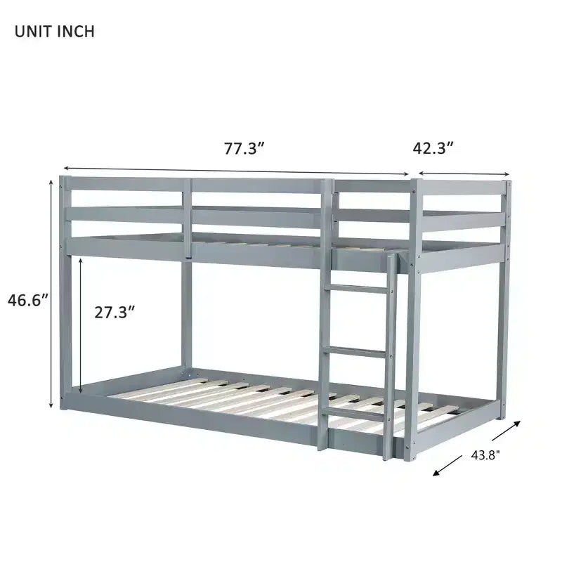 MATEERTY Cama litera doble de madera maciza con escalera, plataformas superior e inferior fabricadas con listones reforzados, gris