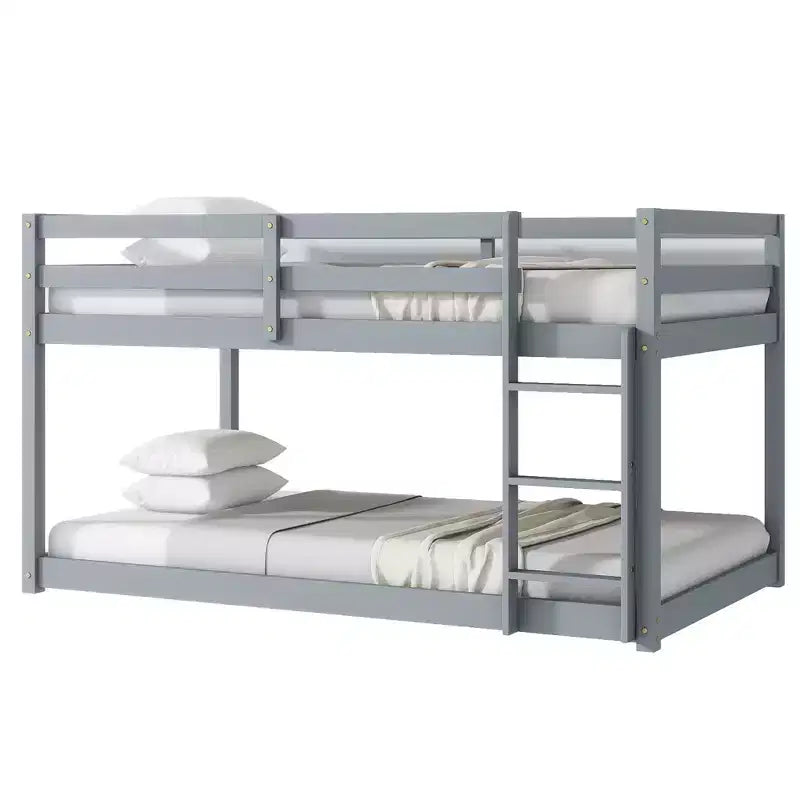 MATEERTY Cama litera doble de madera maciza con escalera, plataformas superior e inferior fabricadas con listones reforzados, gris