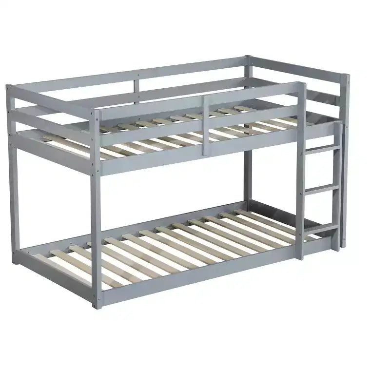 MATEERTY Cama litera doble de madera maciza con escalera, plataformas superior e inferior fabricadas con listones reforzados, gris