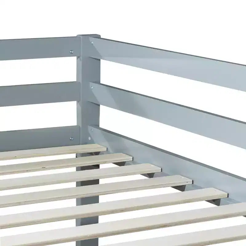 MATEERTY Cama litera doble de madera maciza con escalera, plataformas superior e inferior fabricadas con listones reforzados, gris