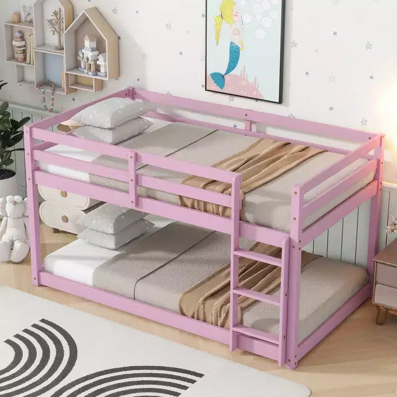 MATEERTY Cama litera de madera maciza, doble con escalera, plataformas superior e inferior fabricadas con listones reforzados, rosa