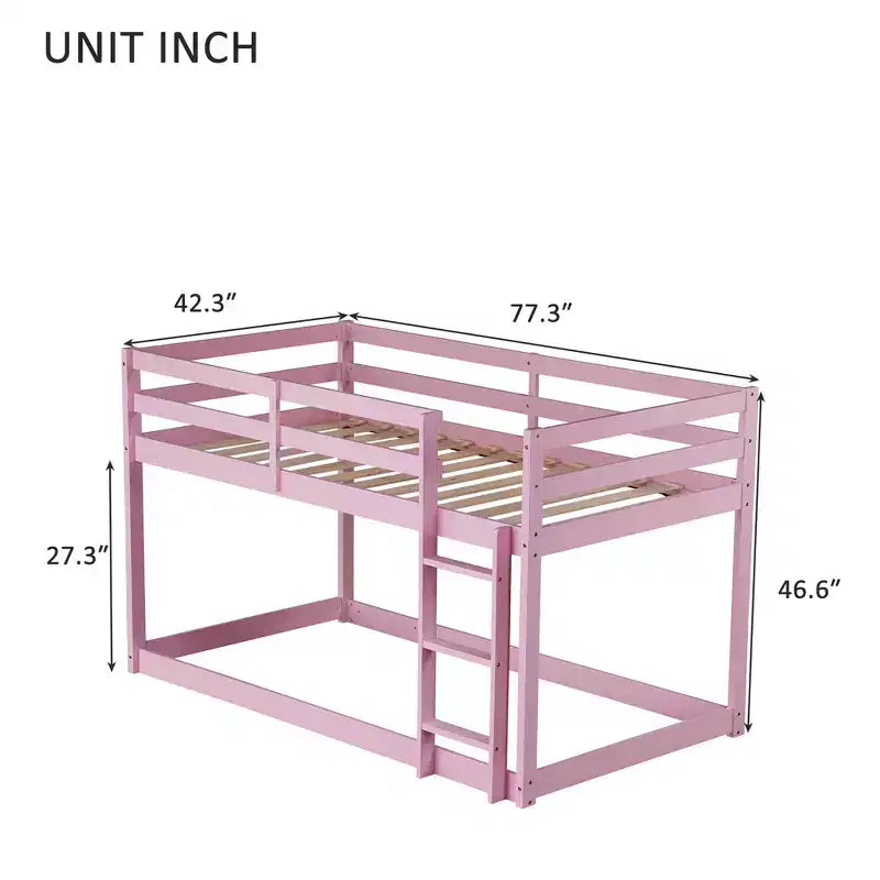 MATEERTY Cama litera de madera maciza, doble con escalera, plataformas superior e inferior fabricadas con listones reforzados, rosa
