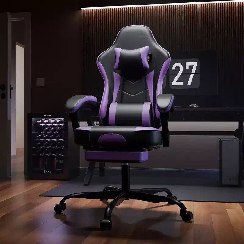Silla de gaming, silla ergonómica de ordenador con reposapiés y soporte lumbar de masaje, silla de videojuego giratoria y regulable en altura