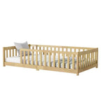 Cama de suelo gemela MAYEERTY con valla sin puerta, barandillas de suelo de madera de caucho beige