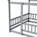 MAYEERTY Cama de suelo de madera Full House con marcos de suelo, barandillas de seguridad gris