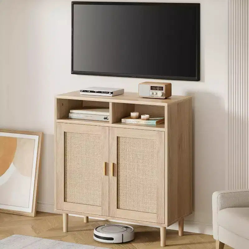 Aparadores de ratán - Almacenamiento de 2 puertas con estante, comedor moderno, muebles para barra de café, 36H