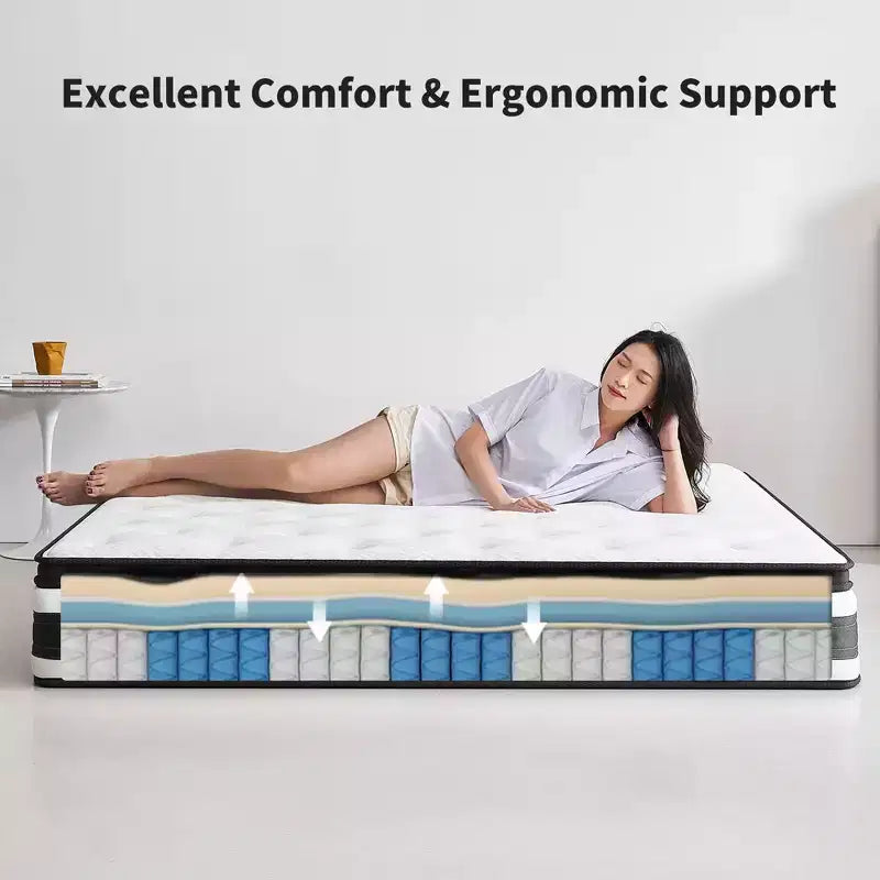 Colchón Híbrido de Muelles Ensacados Individuales de Espuma Viscoelástica Certipur-US con Funda Transpirable de 12 Pulgadas King Size