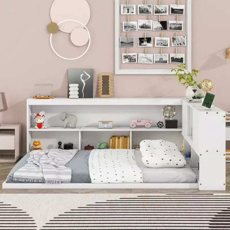 MAYEERTY Full Floor Bed with L-shaped Bookcase White