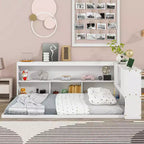 MAYEERTY Full Floor Bed with L-shaped Bookcase White