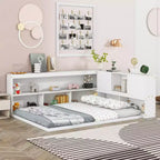 MAYEERTY Full Floor Bed with L-shaped Bookcase White