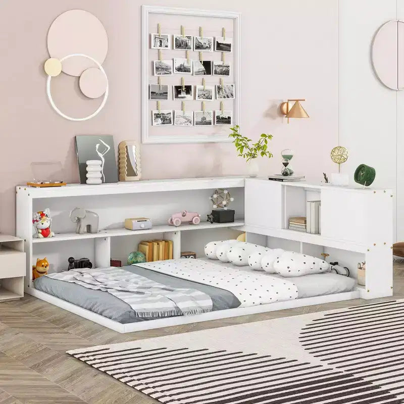 MAYEERTY Full Floor Bed with L-shaped Bookcase White