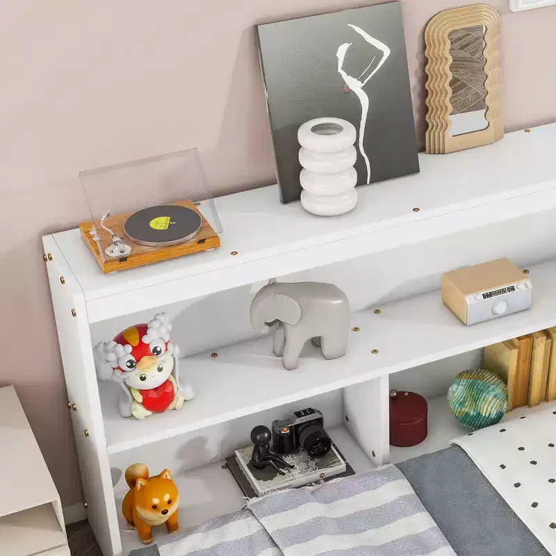 MAYEERTY Full Floor Bed with L-shaped Bookcase White