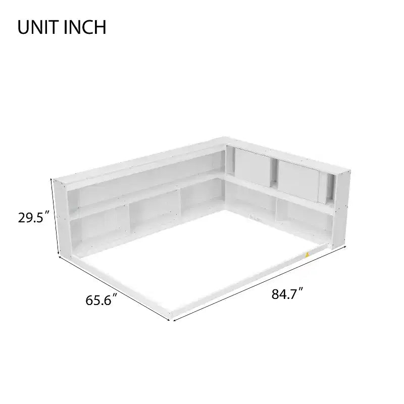 MAYEERTY Full Floor Bed with L-shaped Bookcase White