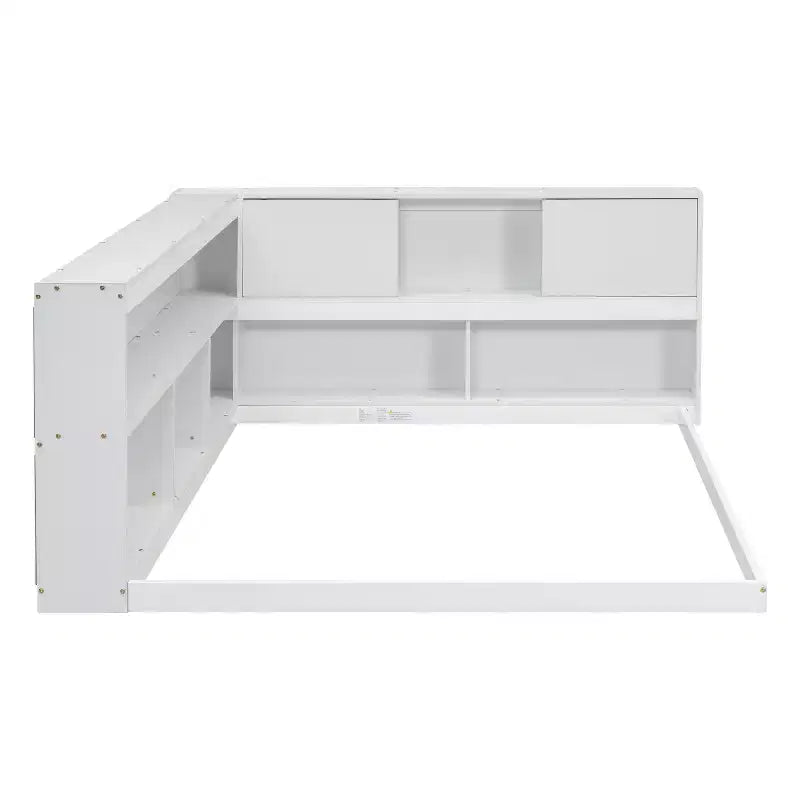 MAYEERTY Full Floor Bed with L-shaped Bookcase White