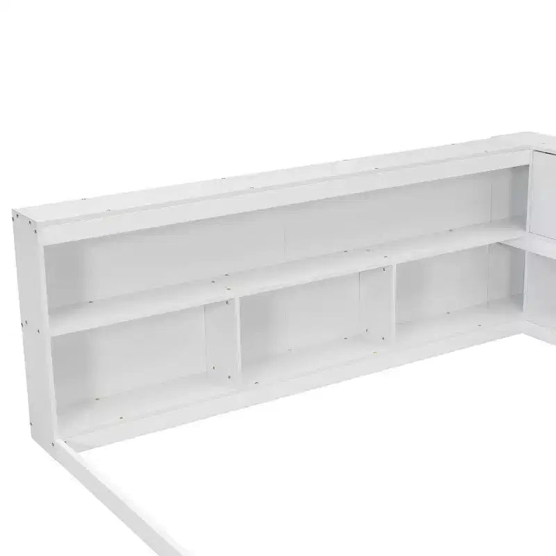 MAYEERTY Full Floor Bed with L-shaped Bookcase White