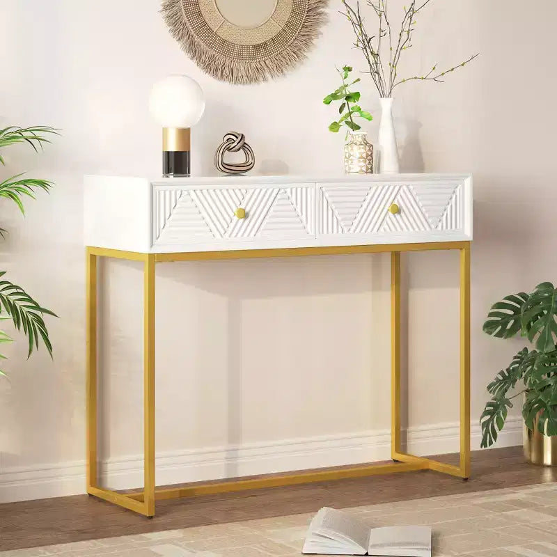 MAYEERTY Mesa Consola Estrecha Moderna con Almacenamiento 2 Cajones Diseño de Rayas para Sala de Estar o Pasillo Blanco