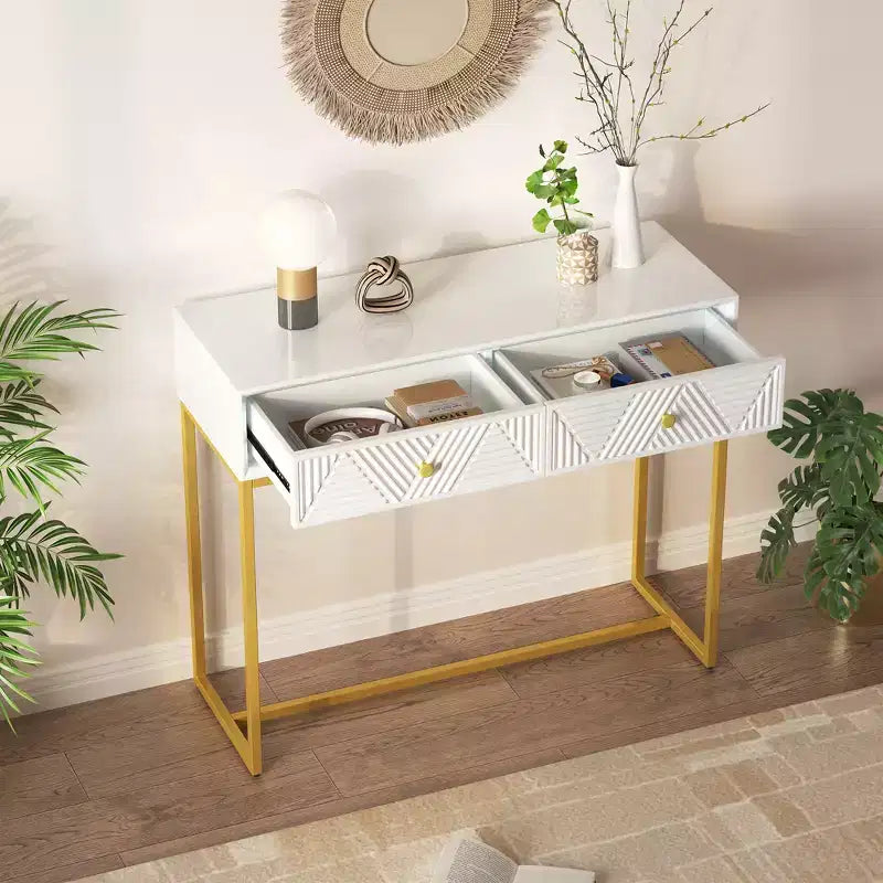 MAYEERTY Mesa Consola Estrecha Moderna con Almacenamiento 2 Cajones Diseño de Rayas para Sala de Estar o Pasillo Blanco
