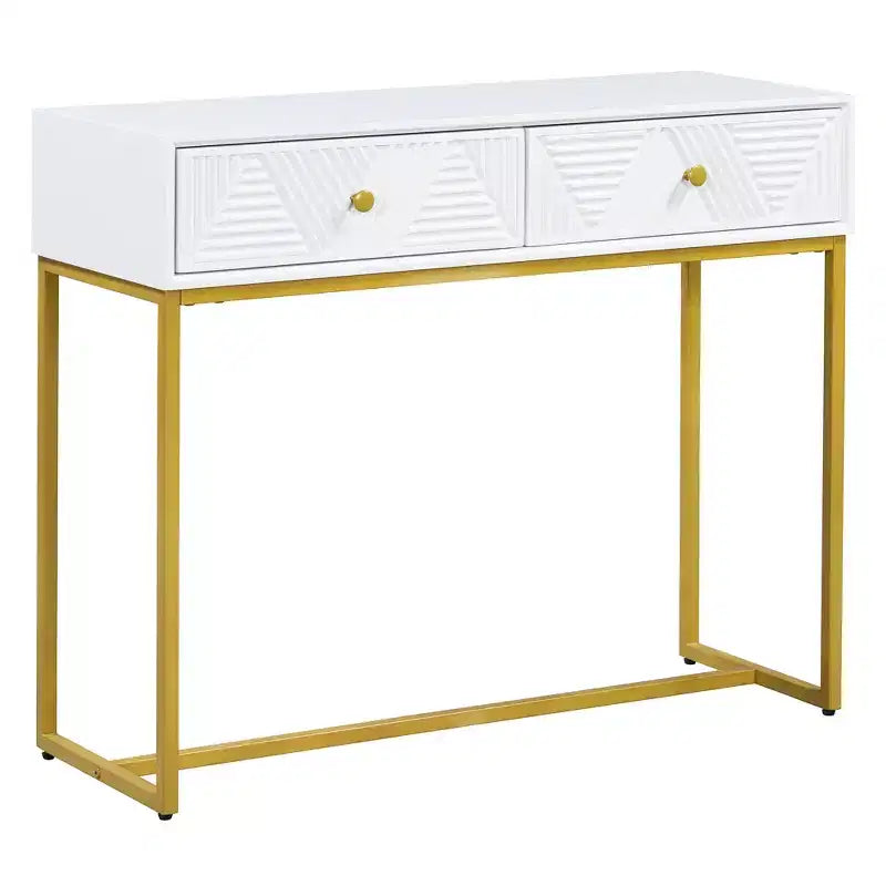 MAYEERTY Mesa Consola Estrecha Moderna con Almacenamiento 2 Cajones Diseño de Rayas para Sala de Estar o Pasillo Blanco