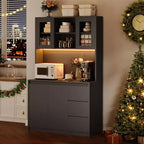 71 Tall Kitchen Pantry Cabinet with LED Lights & Power Outlets, Microwave Stand with Glass Door, Adjustable Shelves, 3 Drawers, Handless Design