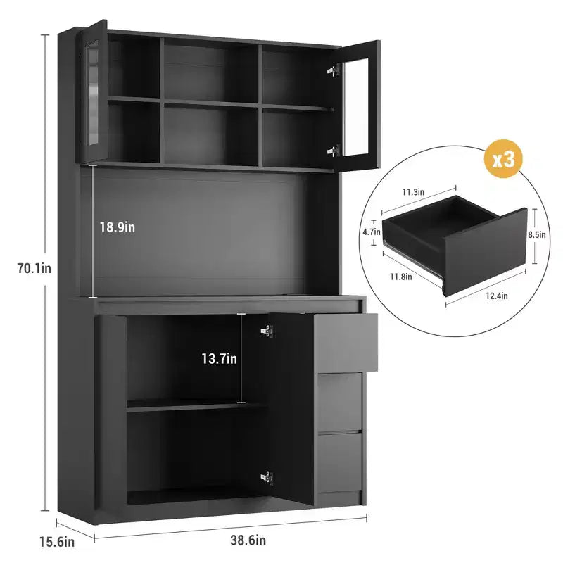 Armario de despensa de cocina alto de 71" con luces LED y tomas de corriente, soporte para microondas con puerta de vidrio, estantes ajustables, 3 cajones, diseño sin tiradores