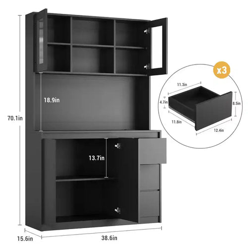Armario de despensa de cocina alto de 71" con luces LED y tomas de corriente, soporte para microondas con puerta de vidrio, estantes ajustables, 3 cajones, diseño sin tiradores