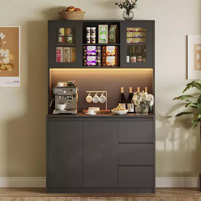 Armario de despensa de cocina alto de 71" con luces LED y tomas de corriente, soporte para microondas con puerta de vidrio, estantes ajustables, 3 cajones, diseño sin tiradores