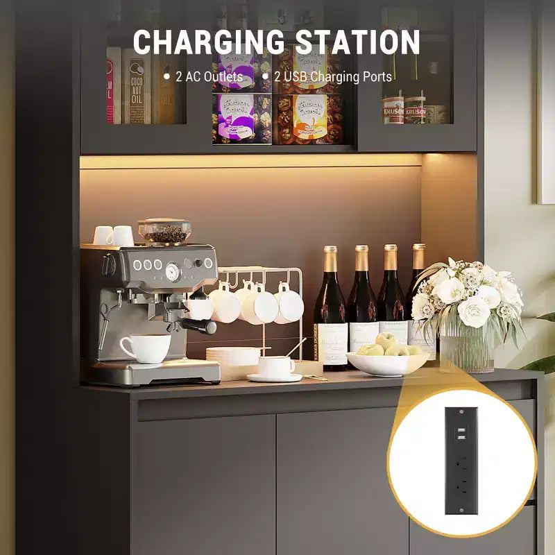 Armario de despensa de cocina alto de 71" con luces LED y tomas de corriente, soporte para microondas con puerta de vidrio, estantes ajustables, 3 cajones, diseño sin tiradores