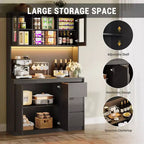 Armario de despensa de cocina alto de 71" con luces LED y tomas de corriente, soporte para microondas con puerta de vidrio, estantes ajustables, 3 cajones, diseño sin tiradores