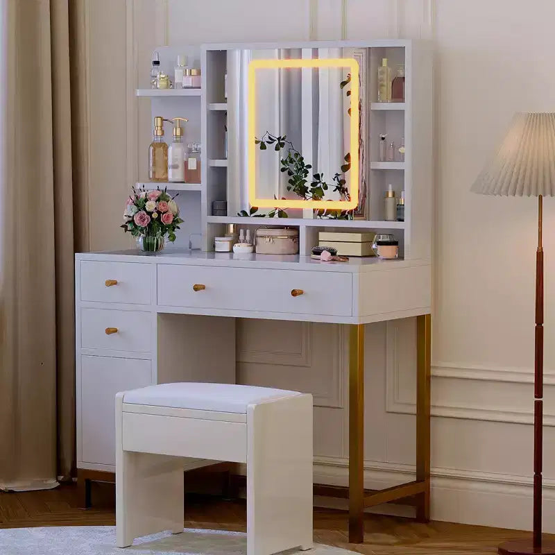 Tocador de maquillaje con espejo iluminado LED y tomacorriente, 3 modos de iluminación, escritorio de tocador con superficie acrílica blanca