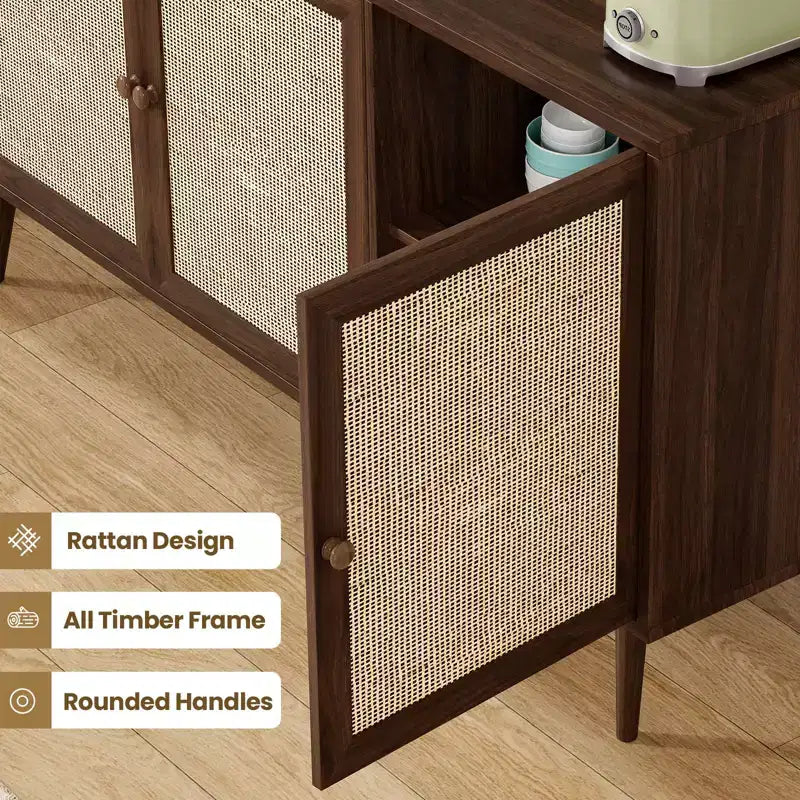 PexFix Gabinete con Panel Lateral y 3 Puertas de Ratán, Mueble de Almacenamiento de Cocina, Patas Ajustables Modernas