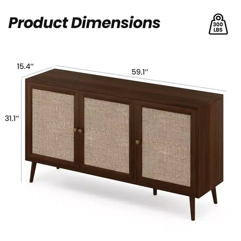 PexFix Gabinete con Panel Lateral y 3 Puertas de Ratán, Mueble de Almacenamiento de Cocina, Patas Ajustables Modernas