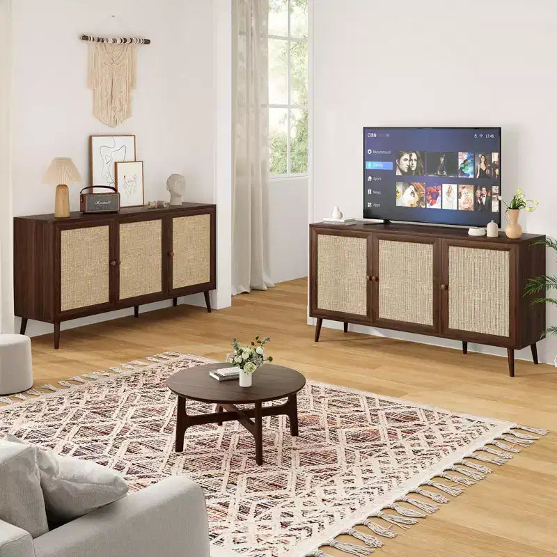 PexFix Gabinete con Panel Lateral y 3 Puertas de Ratán, Mueble de Almacenamiento de Cocina, Patas Ajustables Modernas