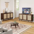PexFix Gabinete con Panel Lateral y 3 Puertas de Ratán, Mueble de Almacenamiento de Cocina, Patas Ajustables Modernas