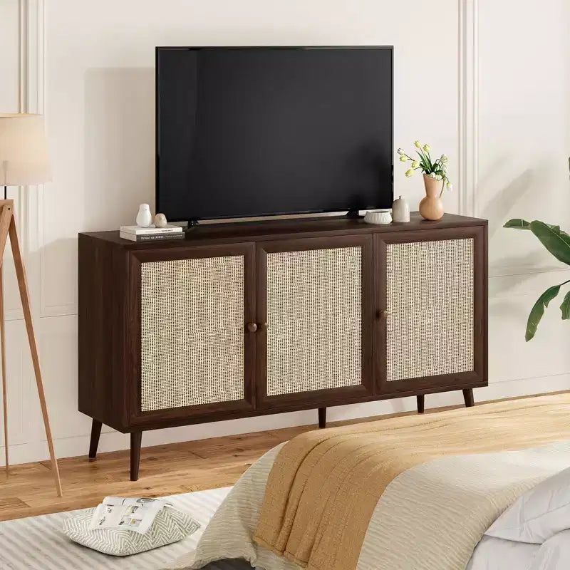PexFix Gabinete con Panel Lateral y 3 Puertas de Ratán, Mueble de Almacenamiento de Cocina, Patas Ajustables Modernas
