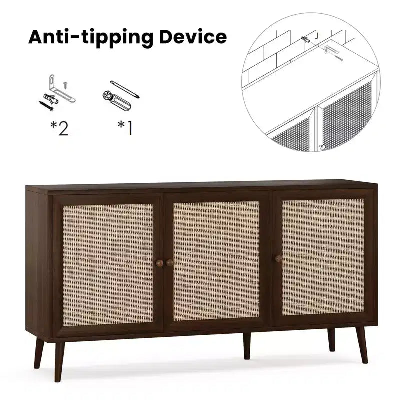 PexFix Gabinete con Panel Lateral y 3 Puertas de Ratán, Mueble de Almacenamiento de Cocina, Patas Ajustables Modernas