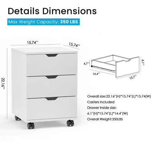 3 Drawer Vertical File Cabinet Rolling Wooden Mobile Under Desk with Casters for Home Office