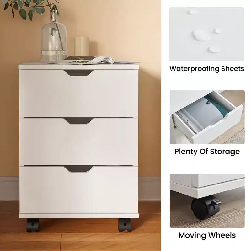 PexFix 3 Drawer Vertical File Cabinet Rolling Wooden Mobile Under Desk with Casters for Home Office