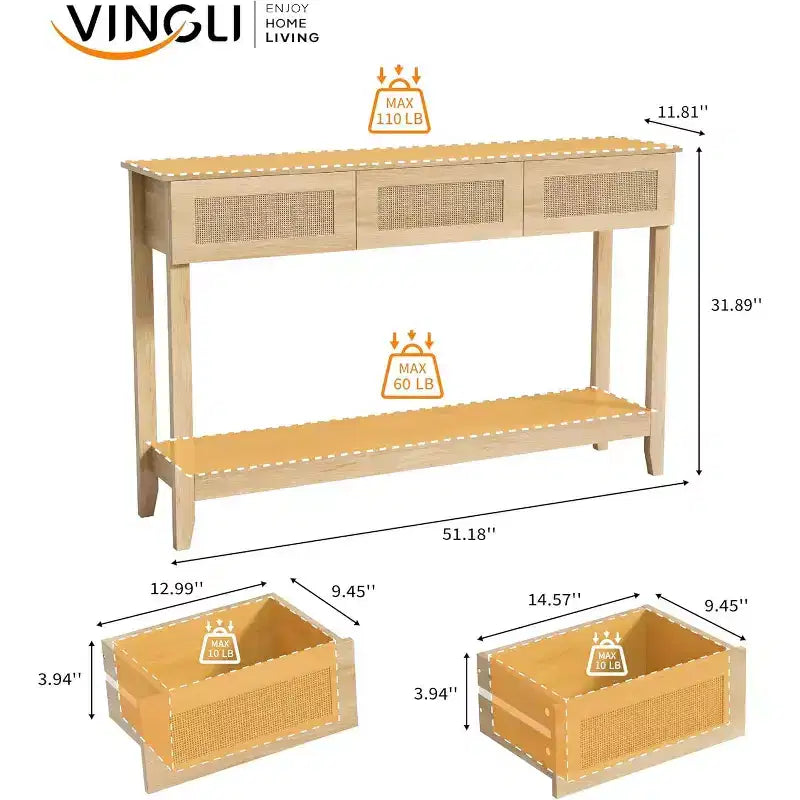 VINGLI Mesa consola de 51 pulgadas con cajones, mesa de entrada de ratán con estante de almacenamiento, mesa de sofá estrecha bohemia para sala de estar, ratán natural