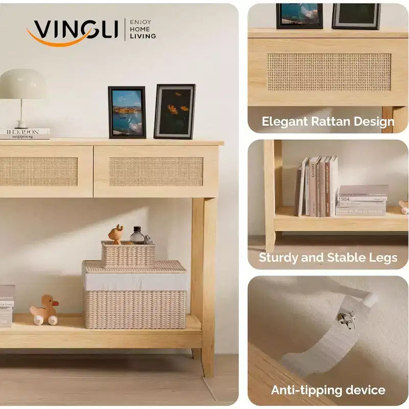 VINGLI Mesa consola de 51 pulgadas con cajones, mesa de entrada de ratán con estante de almacenamiento, mesa de sofá estrecha bohemia para sala de estar, ratán natural